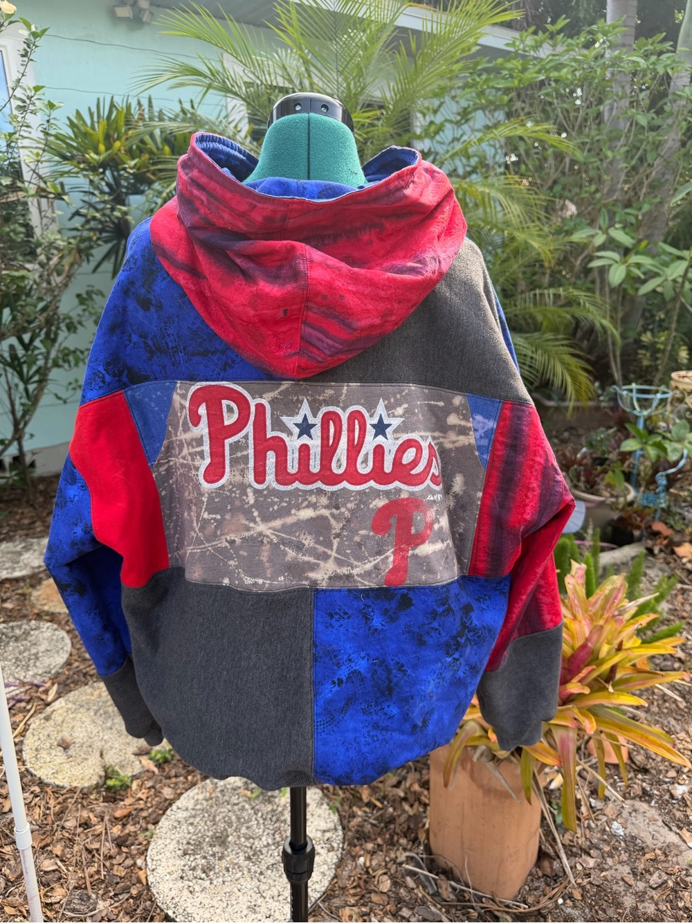 Upcycled Custom Philadelphia Phillies oversize Hooded Sweatshirt -Red Blue Gray